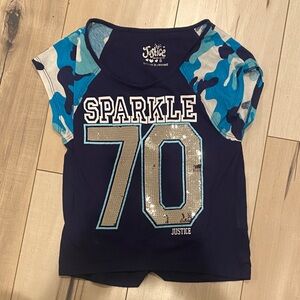Justice Navy Blue Sparkle 70 Tee with Blue Camo Sleeves NWOT